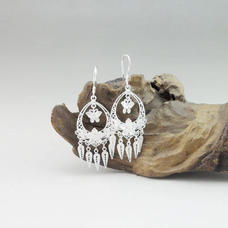 

Chinese Ethnic Earrings For Women Handmade Jewelry 999 Sterling Silver Dangle Butterfly Earing Drop Earings Tassel Luxury Gift