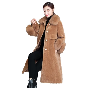 

Faux fur coat women 2019 autumn and winter new long sleeve fox fur collar 4XL plus size gray black wine red faux fur coat LR294