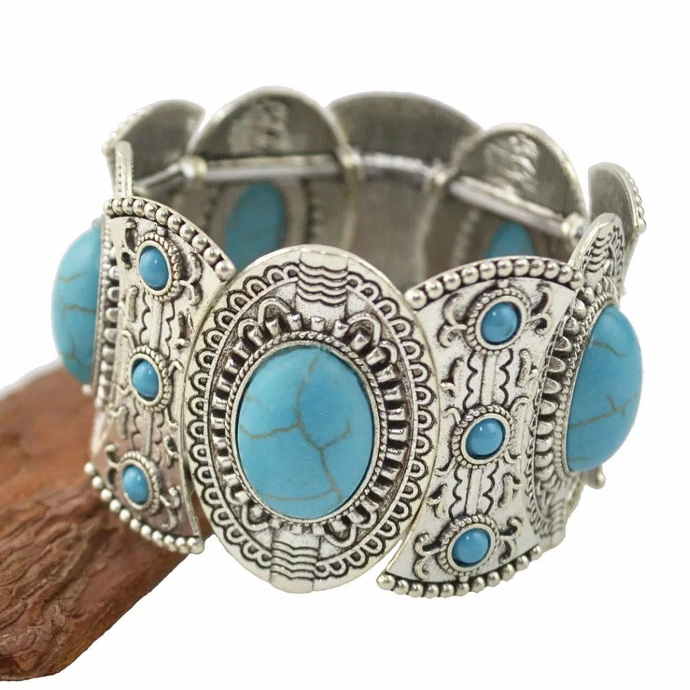 Vintage Elastic Tibetan Turquoise Bracelet for Women Men Boho Acrylic Stone Bracelets Ethnic Gypsy Indian Afghan Turkish Jewelry