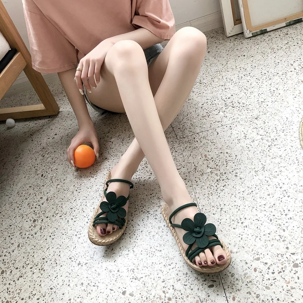 

2019 summer sandals Pure color Womens Flowers Ladies Summer Beach Cross Open Toe Flat Sandals Rome Slipper Strap Casual Shoes