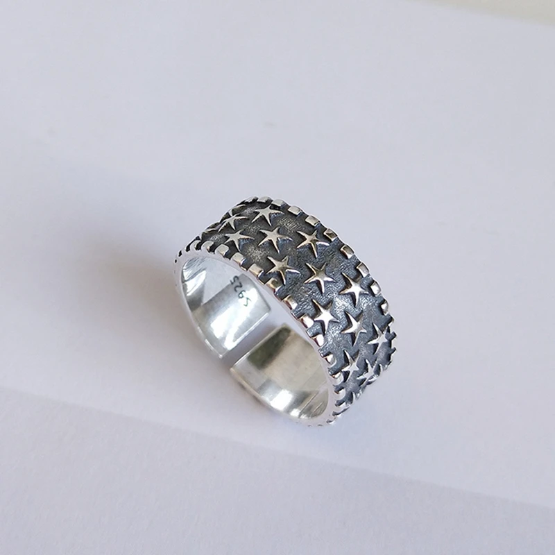 

925 Sterling Silver Jewelry Fashion Trendy Antique Silver Black Vintage Rings With Stars Punk Style Ring For Women Men Wholesale