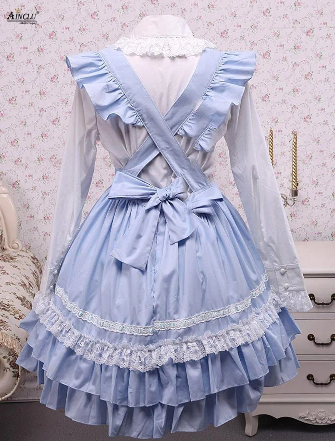 Платье средней длины Ainclu Женская хлопковая белая блузка Лолиты и синяя Милая юбка Лолиты для весны/лета/осени и зимы