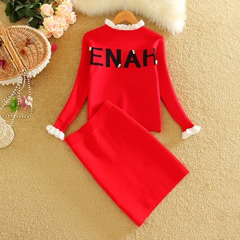 

Women Sweet 2 Pieces Set High Collar Lacing Cuff Letter Printed Beading Sweater Elastic Slim Skirt Black FS0724