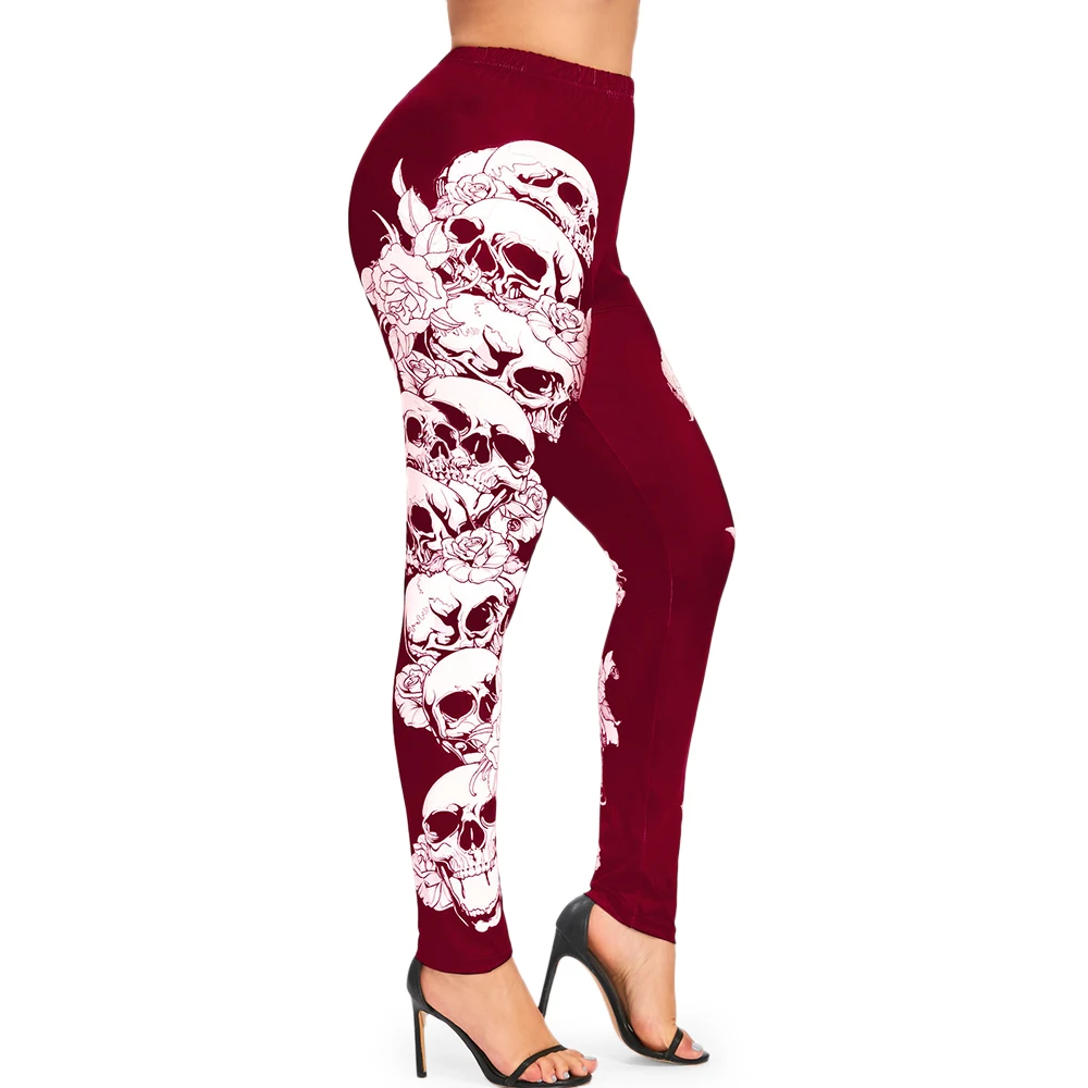 

Rose Gal Women Plus Size Halloween Monochrome Skulls Leggings Elastic Waist Fitted Pants Graphic Mid Waist Skinny Leggings