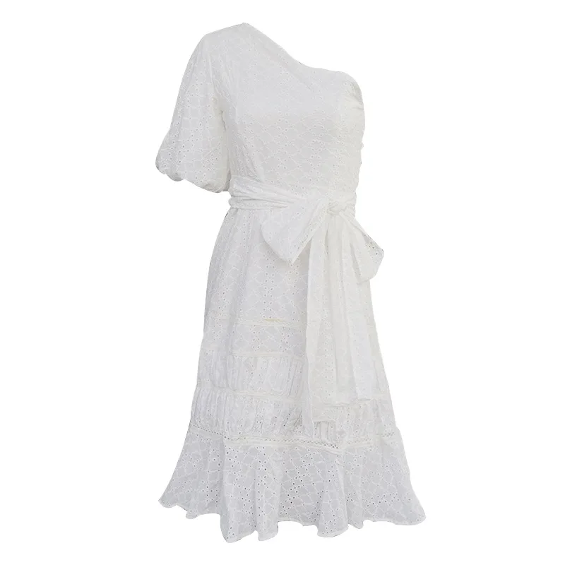 Beigerfayl лето рукав-фонарик с оборками подол одно плечо платье для женщин полиэстер сплошной Белый Желтый Вечерние платья TDR19478 - Цвет: Белый