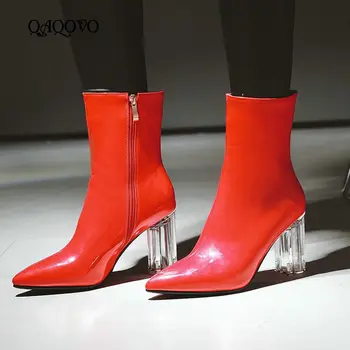 

Gold Silver Women Boots Fashion Patent Leather Square High Heel Ankle Boots Pointed Toe Zipper Autumn Winter Night Club Shoes