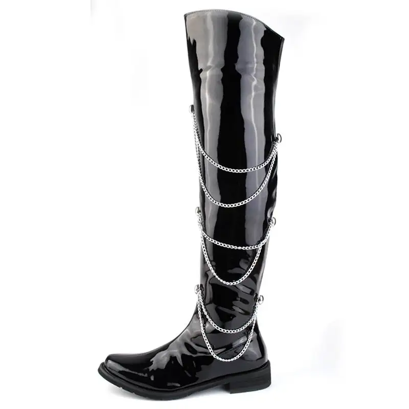 ERRFC/модные черные мотоциклетные ботинки мужские сапоги выше колена из лакированной кожи 66 см для танцев на шесте очаровательные мужские ботинки на молнии с цепочкой, размеры 38-44