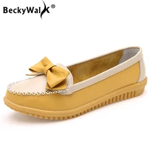 BeckyWalk/для отдыха Для женщин натуральная Кожаная обувь на плоской подошве модный пэчворк женские мокасины с бантиком слипоны ленивый обувь женщина WSH2695