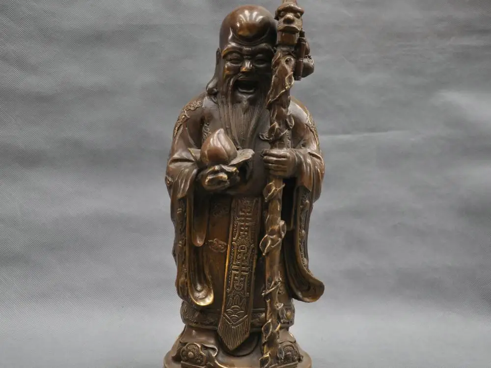 

13" China Folk Long Life God Hold Peach Dragon Stick Bronze Statue