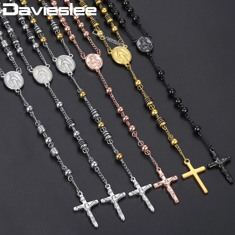 

Davieslee Mens Necklacce Chain Sliver Gold Tone Bead Chain Crown Rosary Jesus Cross Pendant Stainless Steel 4/6/8mm LKN378