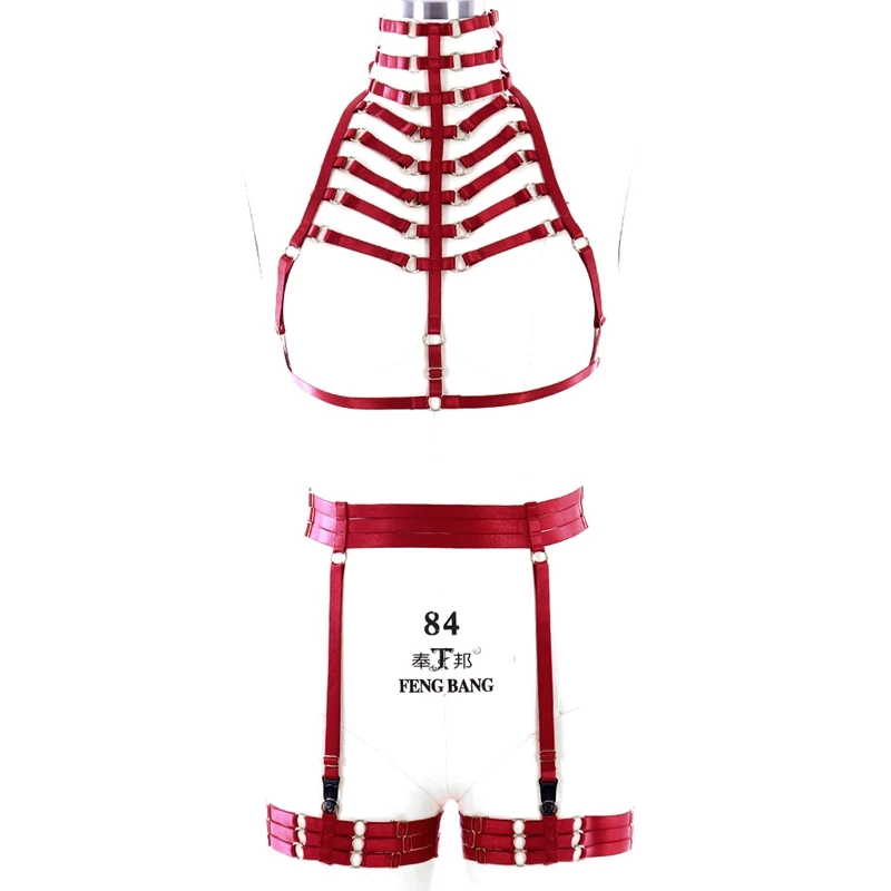 

1 Set Wine Red High collar Cage Top Halter with Harness Pantie Bottom Garter whole body Bondage Harness Lingerie Women Costume