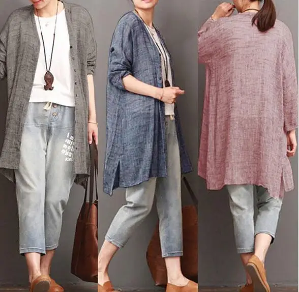 

2018 Bohemian women casual solid color cardigan long-sleeved cotton shirt