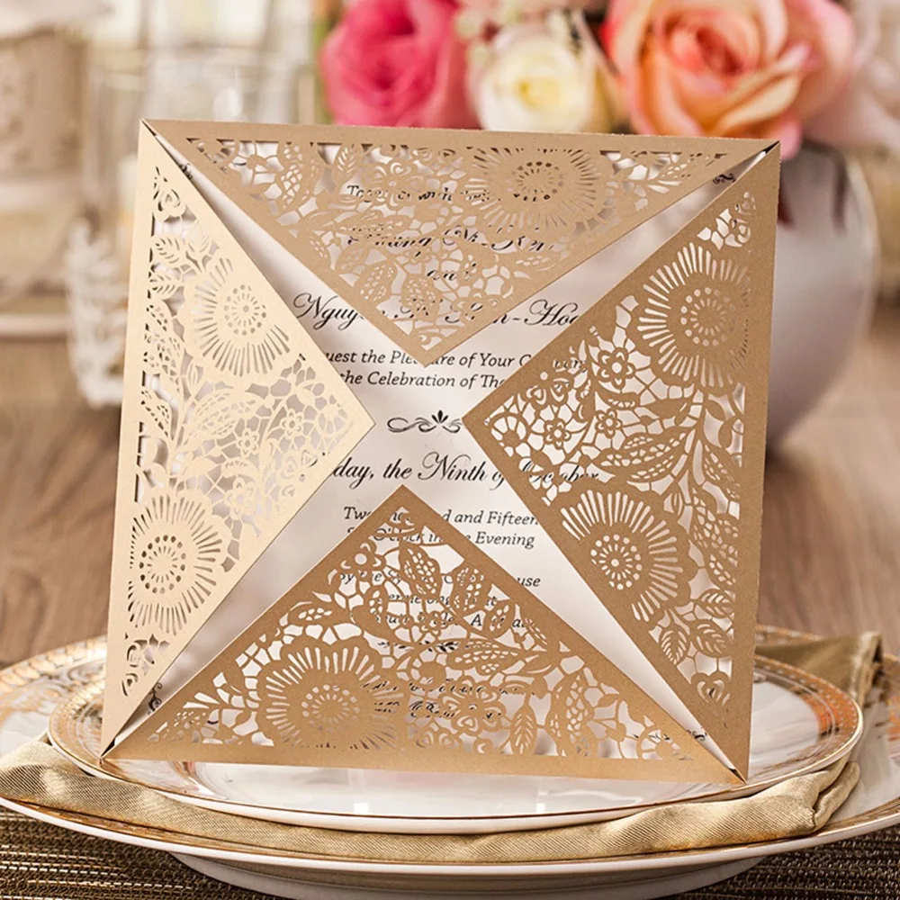 printable four folds laser cut wedding invitation card shinedark gold