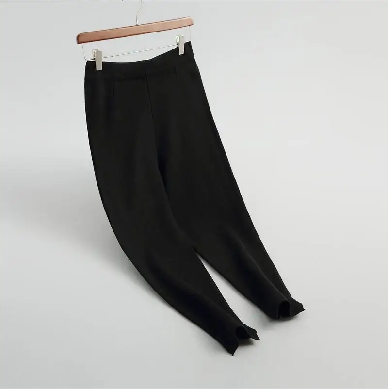 Осенние женские брюки повседневные однотонные с высокой талией трикотажные брюки - Цвет: Черный