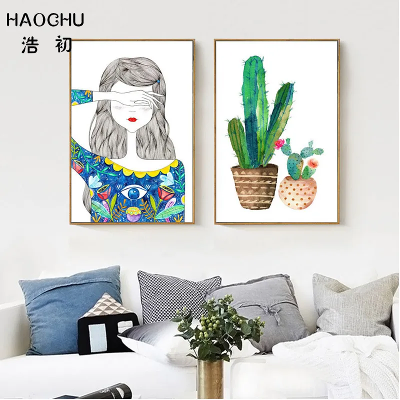 

HAOCHU Nordic youth girl cactus potted canvas painting single apartment wall decor picture wall stickers bedroom wall art poster
