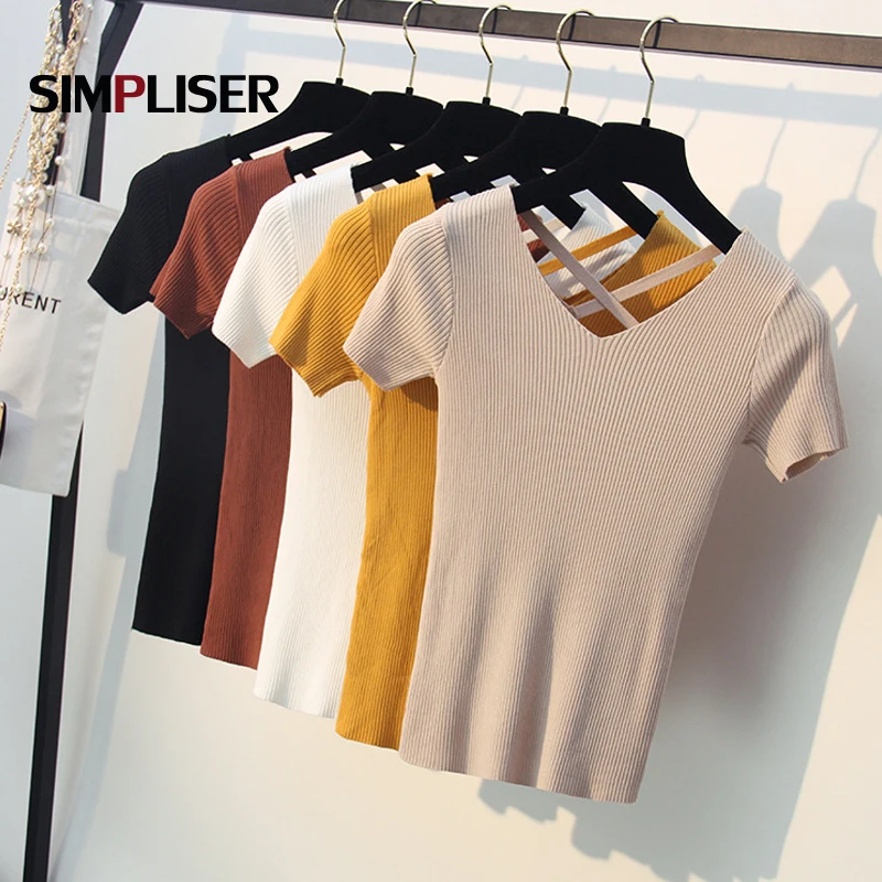 

Women Summer Knitted Tops V-neck Short Sleeve Sweaters V-neck Short Sleeve Pullovers White Pink Black Sweater Mujer Knit Tees