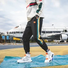 Брюки карго мужские хлопковые лоскутные брюки для пробежек весна осень черные белые карманы лодыжки эластичные повязки повседневные брюки для мужчин A897