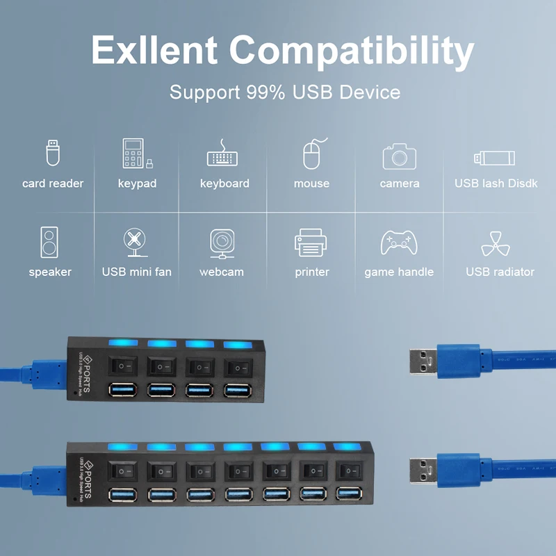 USB 허브 3.0 허브 USB 분배기 멀티 USB 3.0 2.0 허브 USB3 4/7 포트 멀티 포트 Hab PC 액세서리