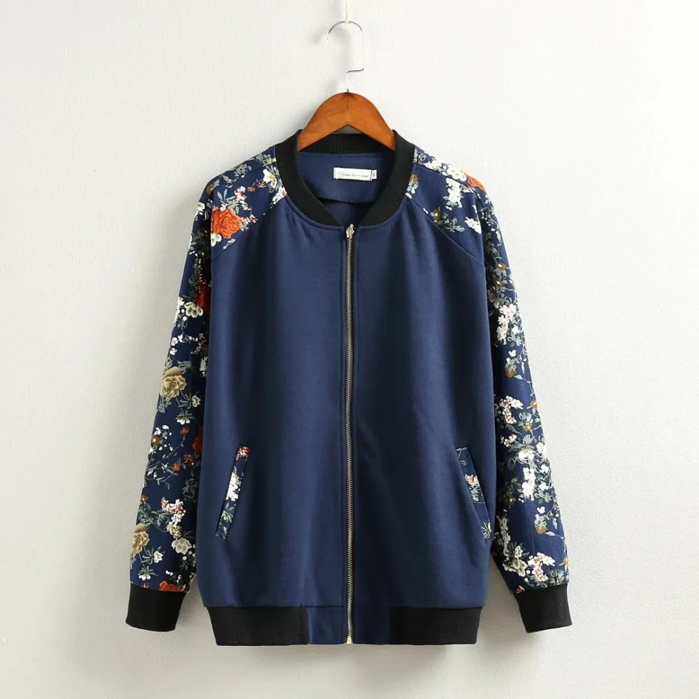 Greatest 2016 Plus size Streetwear Floral bomber jacket women Knitted fabrics Casual long sleeves jacket hig