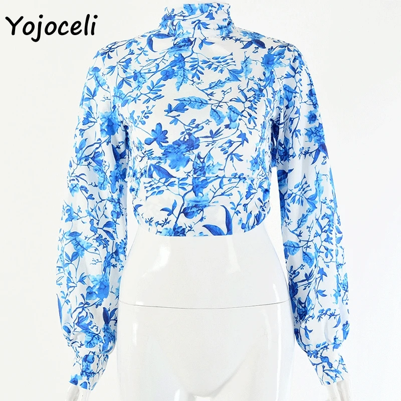 Yojoceli сексуальным вырезом на спине и оборками блузки рубашка для женщин шик платье для девочек синего цвета с бантом на blusas рубашка женская уличная