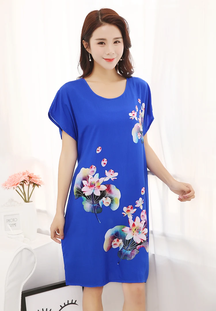 Женские синие хлопковые мягкие ночные рубашки, одежда для сна в китайском стиле, женская ночная рубашка с цветочным принтом, домашняя одежда, один размер, SG051