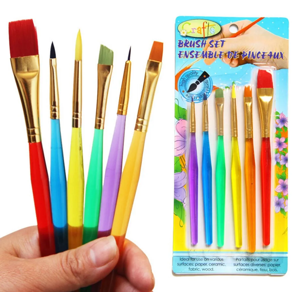 6 Pcs/Set Nylon Handle Brush Great Paint Brushes Craft Toy Educational Kids Watercolor Drawing Painting Kindergarten Crafts