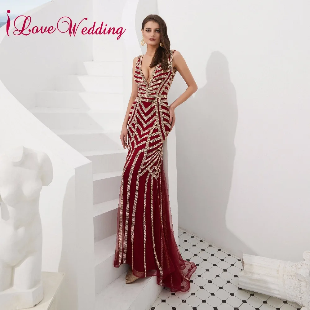 ILoveWedding роскошное вечернее платье с v-образным вырезом и блестками без рукавов, Элегантное Длинное платье для выпускного вечера