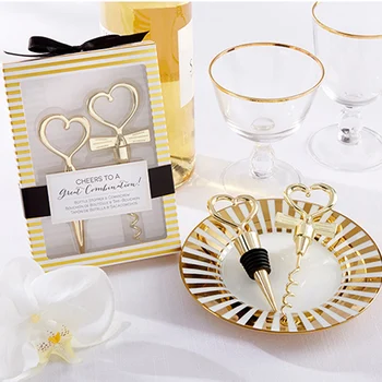 

200pcs=100Sets/lot Gold Cheers to a Great Combination Wine Set Heart Wine Stopper Corkscrew Wedding Favors Party Gifts Free Ship