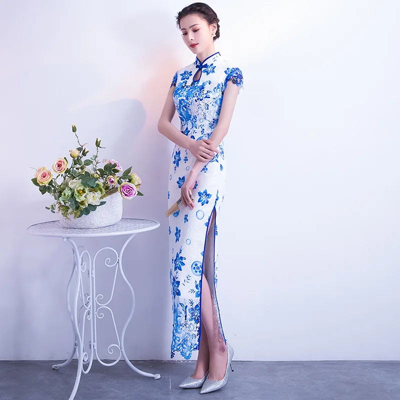 Синий и белый фарфор современный Qipao длинное свадебное китайский антиквариат для продажи традиционное Ципао сексуальное Восточный вечер