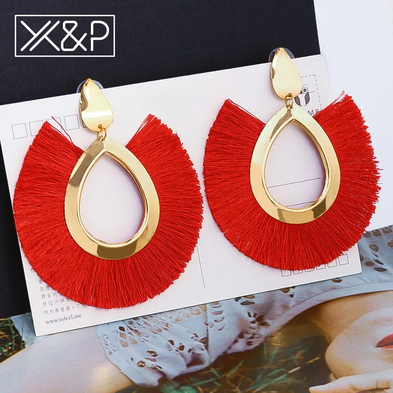 X&P Fashion Bohemian Big Tassel Earrings Statement Large Gold Handmade Brincos Drop Dangle Tassel Earring for Women Za Jewelry
