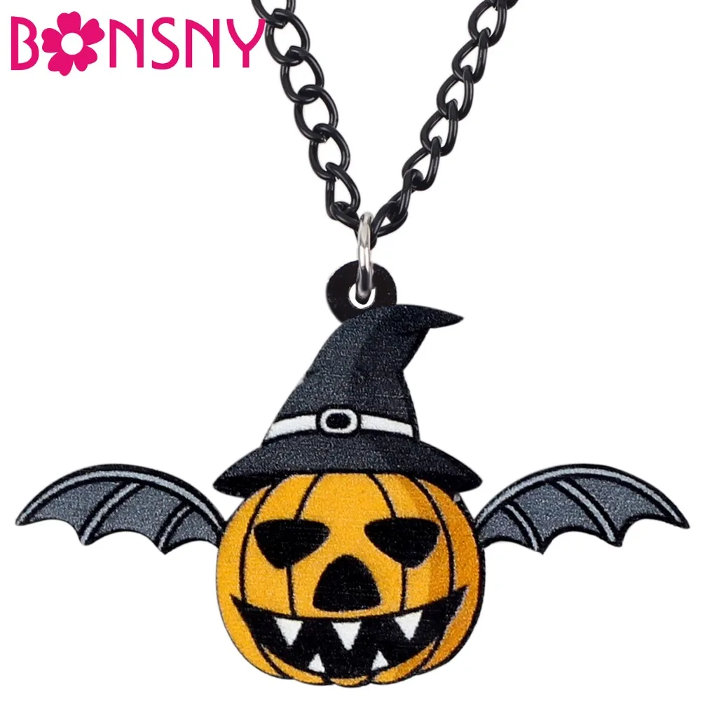 

Bonsny Acrylic Halloween Pumpkin Bat Necklace Pendant Chain Collier Punk Festival Jewelry For Women Girls Teens Gift Accessories