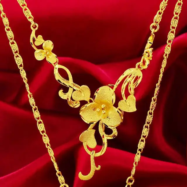 Wedding Golden Flower Shaped Pendant Necklace Chain Gold Filled Womens