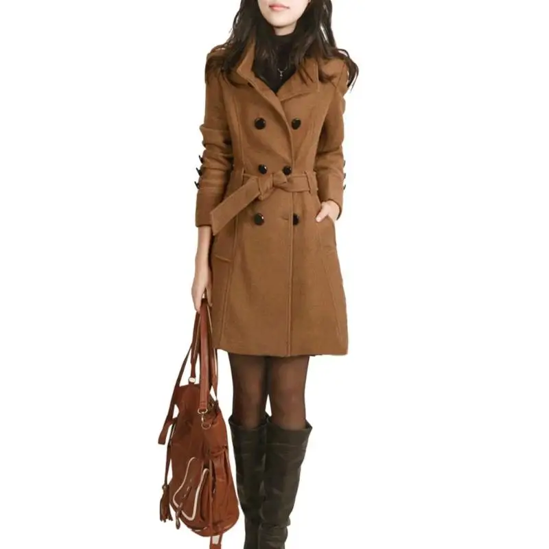 Осенний Модный женский двубортный плащ с длинным рукавом, зимнее теплое шерстяное пальто с карманами, приталенная верхняя одежда с поясом
