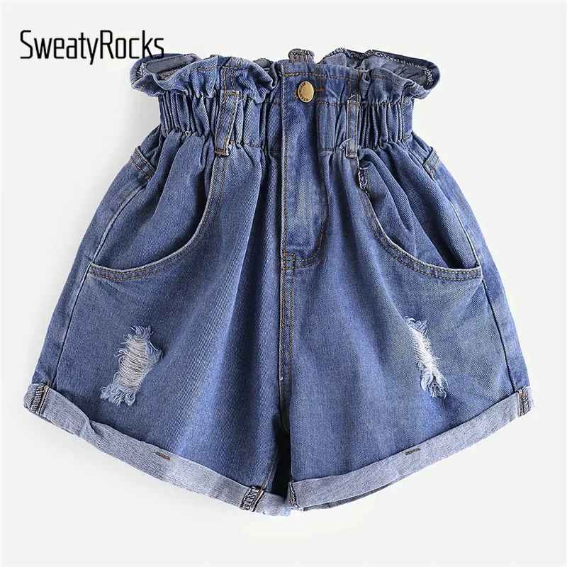 Prix SweatyRocks taille élastique déchiré Denim Shorts femmes Streetwear taille haute poches Shorts 2019 été bouton Fly solide Shorts
