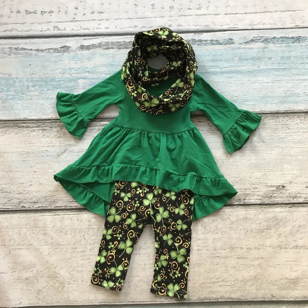 

2017 new arival baby girls clothes girls St patrick day outfits baby 3 pieces with scarf sets baby girls Shamrock clothing