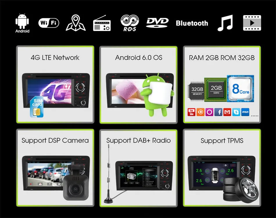 Sale 1024X600 Octa 8 Core 2GB RAM Android 6.0 4G SIM LTE Wifi Car DVD Player for AUDI A3 2002-2011 GPS Navigation Radio Stereo System 6