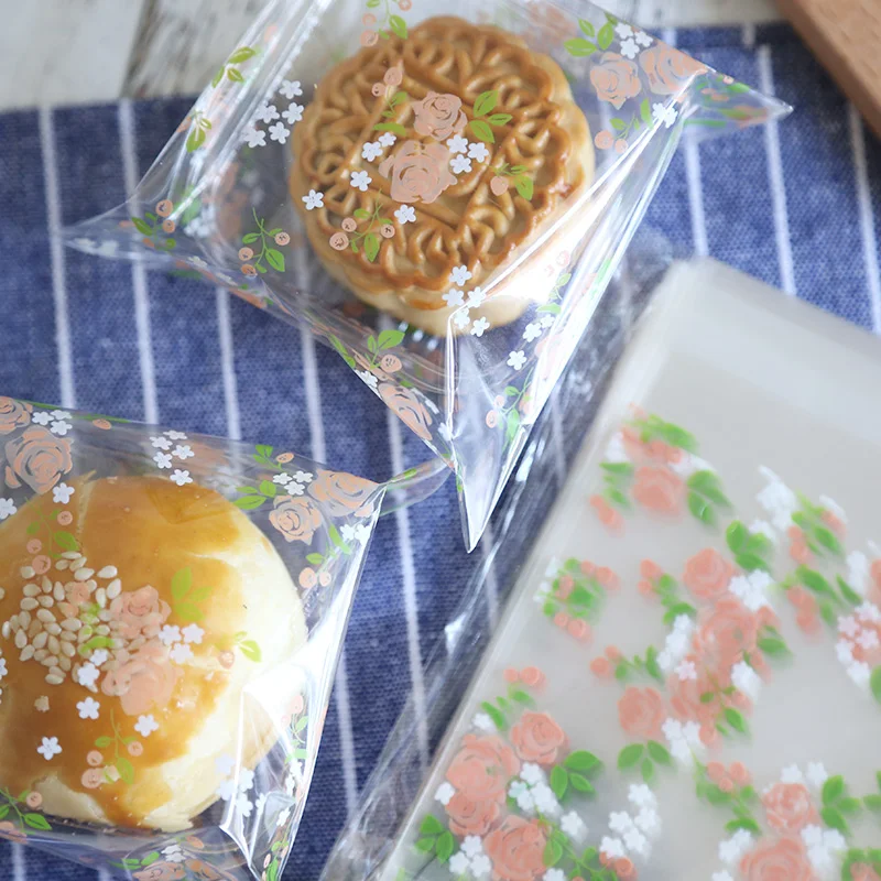 

25 pcs/lot 7 X 7 +3 cm Rose flower adhesive bag cookies diy Gift Bags for Christmas Wedding Party Candy Food Packaging bags