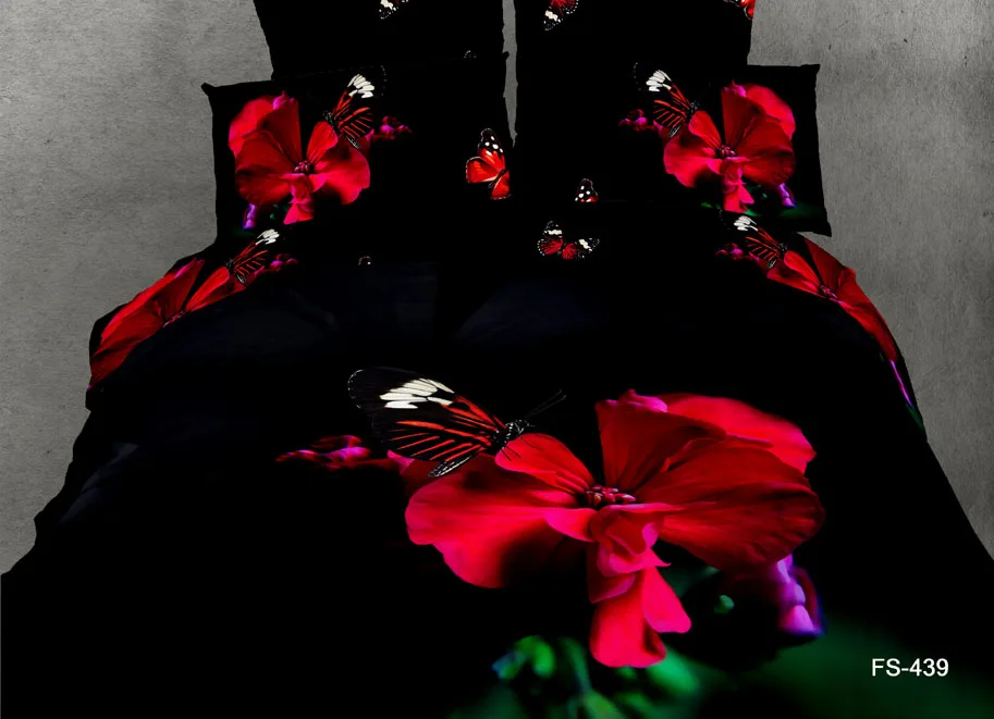 3D Red and black floral butterfly bedding sets queen size for adults