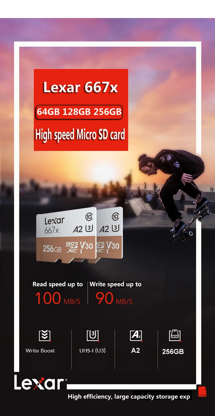 Lexar 667x Micro SD карта SDXC UHS-I 64 Гб 128 ГБ 256 ГБ A2 U3 V30 класс 10 карта для 1080p Full-HD 3D 4K видео