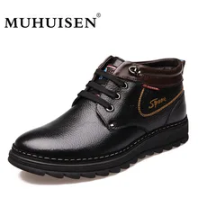 MUHUISEN Brand Winter Men Genuine Leather Shoes Fashion Warm Working Plush Ankle Boots Casual Lace Up Flats Male Snow Boots