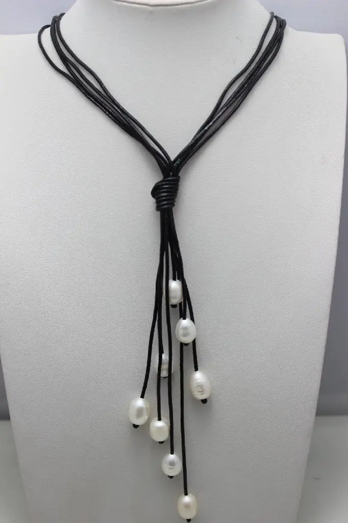 

ddh003679 White Freshwater pearl & 4 beads black leather necklace 10x12mm 28% Discount
