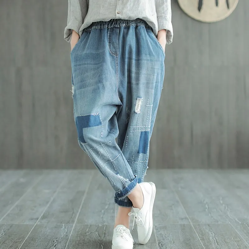 Johnature 2019 Spring New Elastic Waist Denim Pants