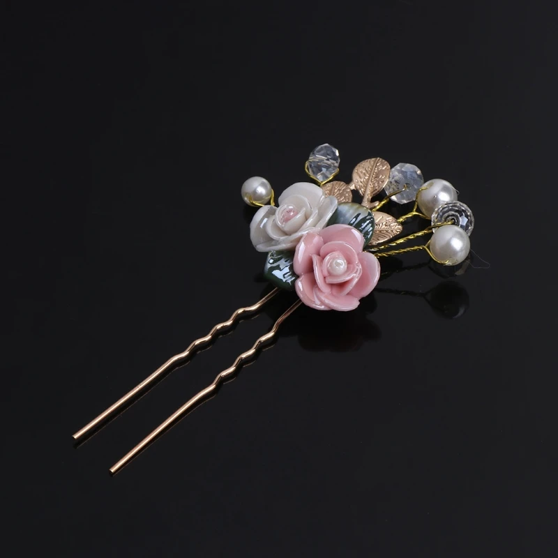 

Bridal gold hairpin sweet ceramics flower combs u hair stick wedding DIY Dish hair wear Women pearl hair jewelry accessory Gift