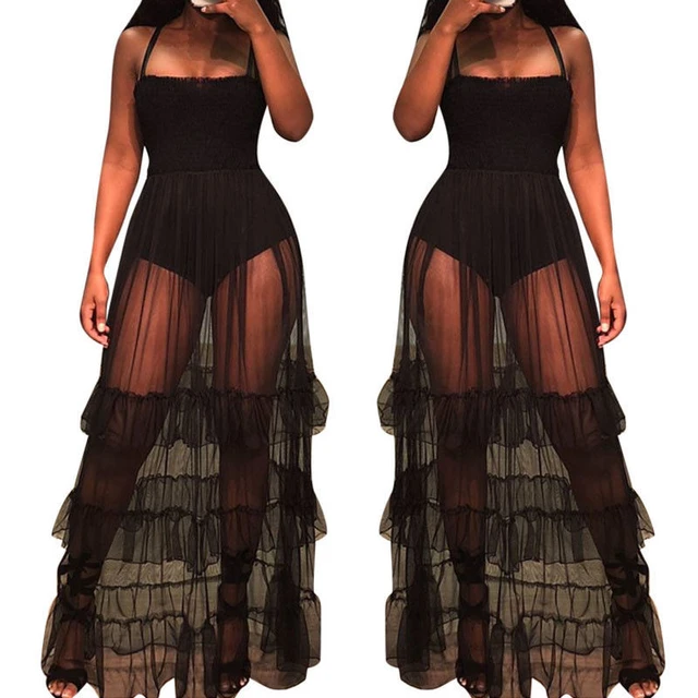 Women Beach See Through Dress Ruffle Hem Sheer Dotted Mesh