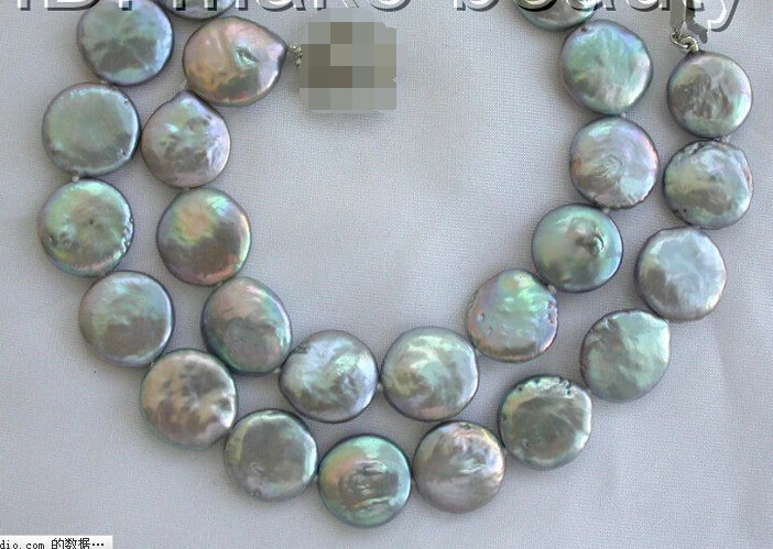 

Hot sale Free Shipping>>>>>stunning big 14mm gray round coin freshwater cultured pearl necklace