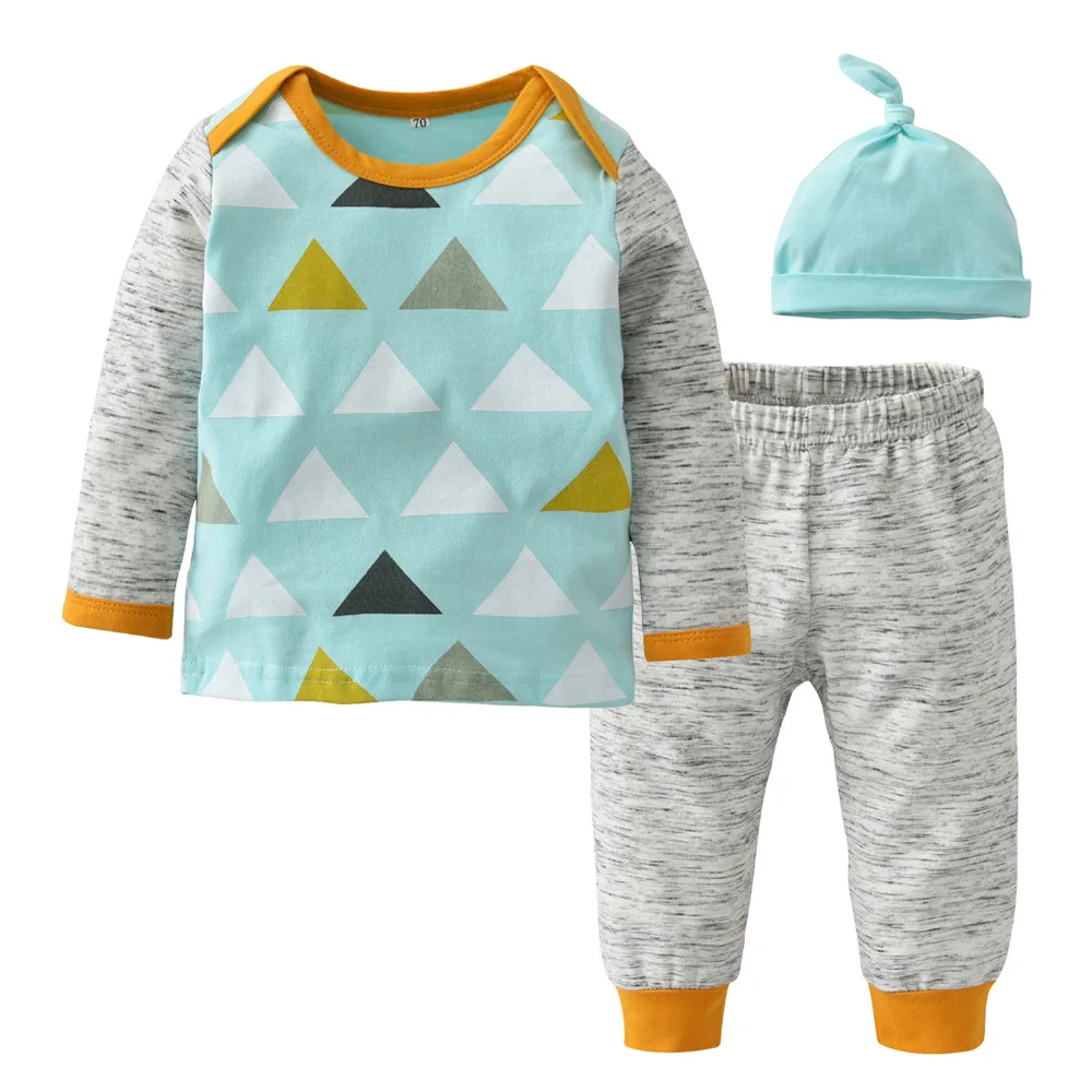 Модная одежда для новорожденных мальчиков 3 предмета, футболка с короткими рукавами и геометрическим принтом топы+ штаны+ шапочка, комплект одежды для маленьких девочек