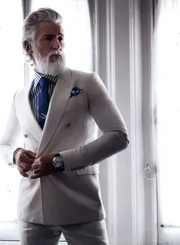

2016 Double Breasted White Gentleman Suit Slim Fit Mens Wedding Prom Dinner Suits 2 Pieces Groom Tuxedos Best Man Blazer