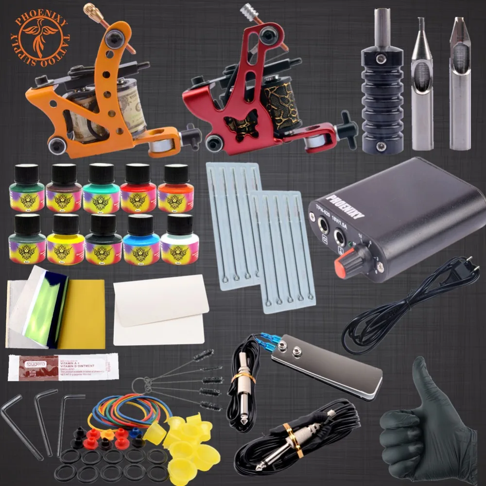 

Complete Tattoo Kit 2 Tattoo Machine Gun Set 10 Colors Tattoo Ink Set Black Power Supply Needles Permanent Makeup Tattoo Kit