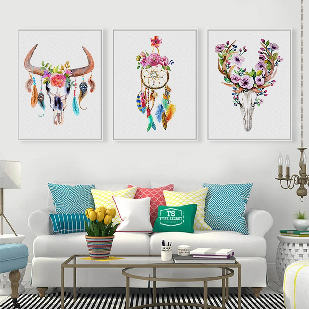 Modern Animals Wear Wreaths Poster Print A4 Dream Catcher Feather Wall Art Picture Nordic Hippie Home Decor Canvas Painting | Дом и сад