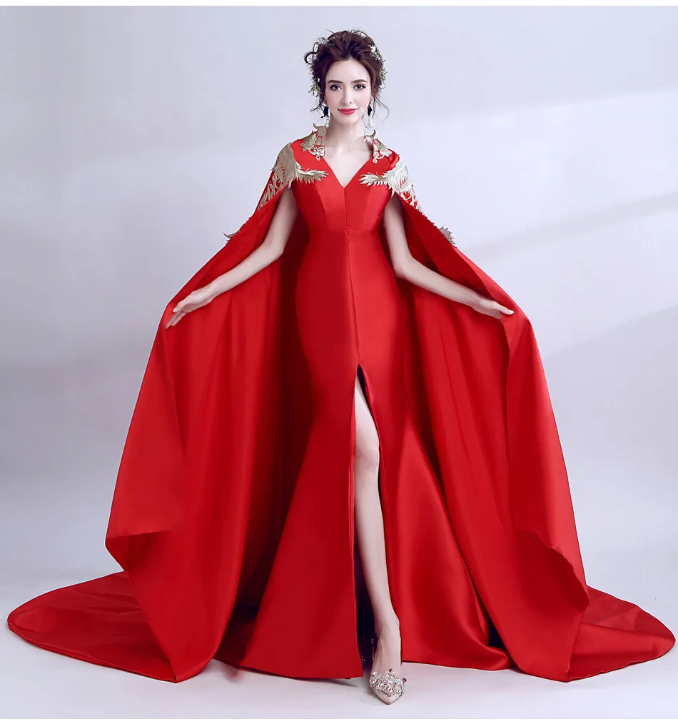

2020 New Red Prom Gowns with Long Cape Arabic Pakistani Formal Evening Gowns Mermaid Custom Made vestidos de noiva